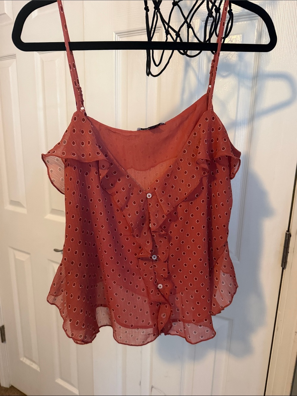 Ruffled Dot-Print Camisole Tank Top - Rust